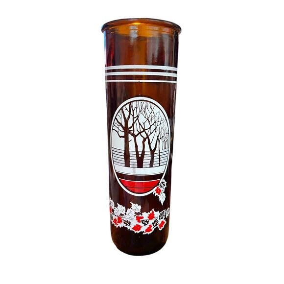 1970’s Vintage 9” Amber Candle Holder or Vase w/ Fall Scenery Trees & Leaves - Picture 3 of 7